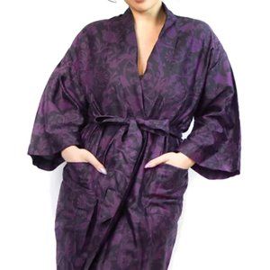 Sin in Linen Purple Elysian Fields Nature Print Cotton Bathrobe, Women's L-XL